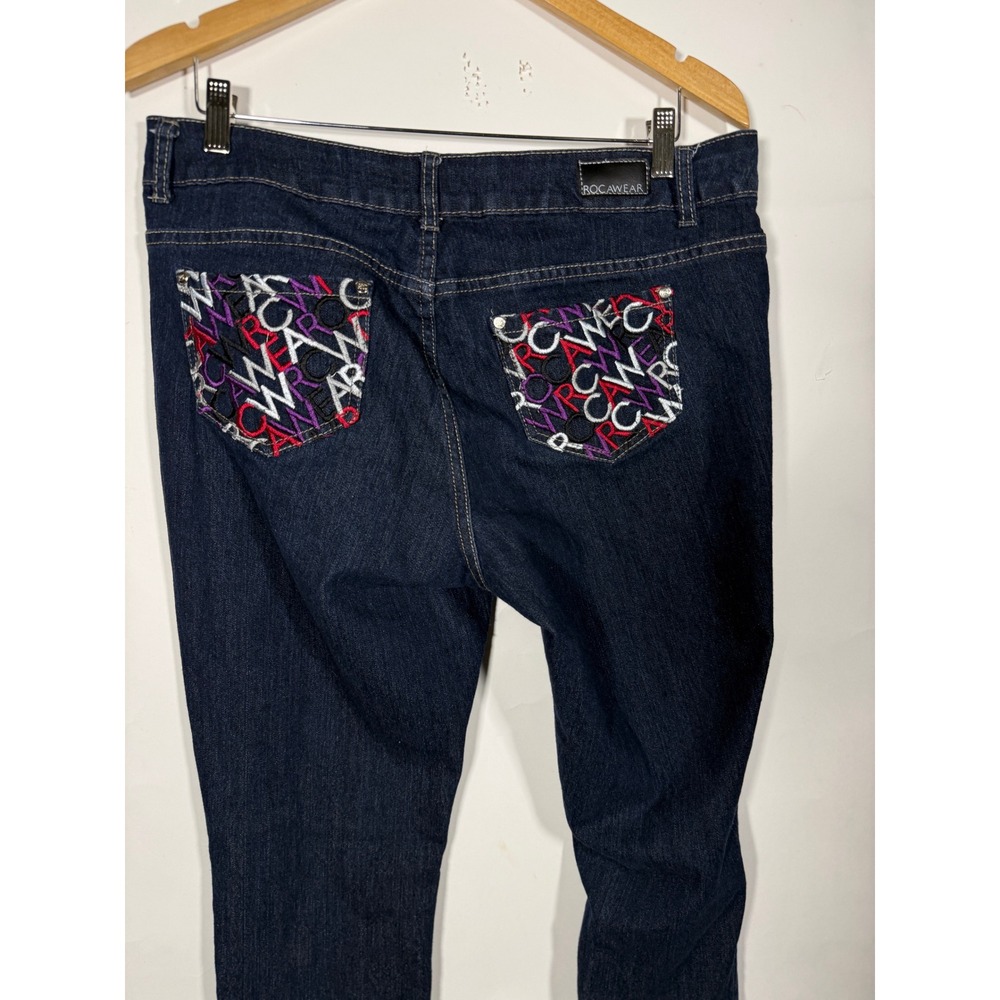 Rocawear Womens Dark Wash Skinny Jeans Embroidered Logo Back Pockets Size 16 Y2K